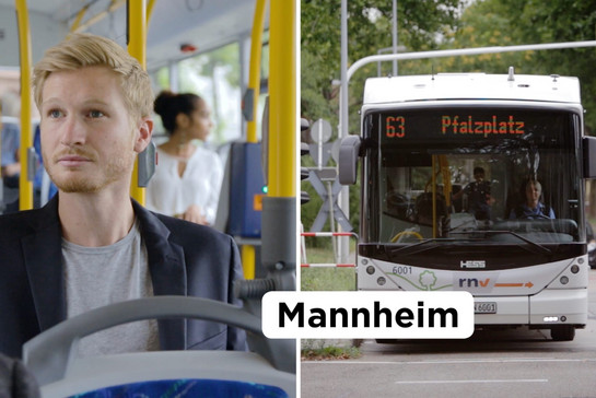 Auf dem linken Foto: Ein Mann im Bus. Auf dem rechten Foto: Ein Stadtbus von vorne. 