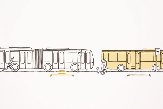 Zeichnung, Busse, die hintereinander an Haltestellen stehen und dabei die Batterie aufladen. 