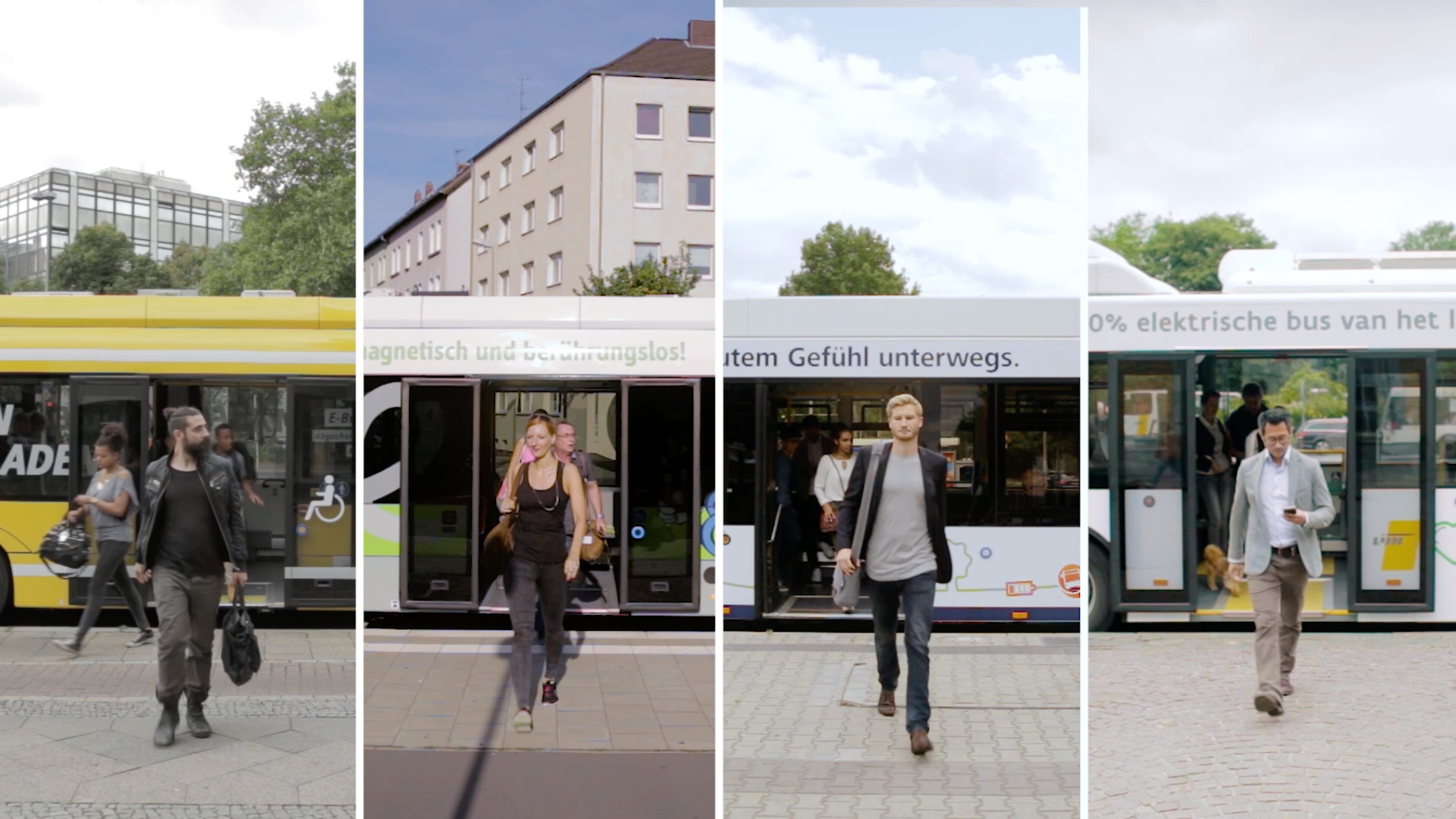 Eine Collage, vier Fotos mit jeweils einem Stadtbus, aus dem Fahrgäste steigen. 