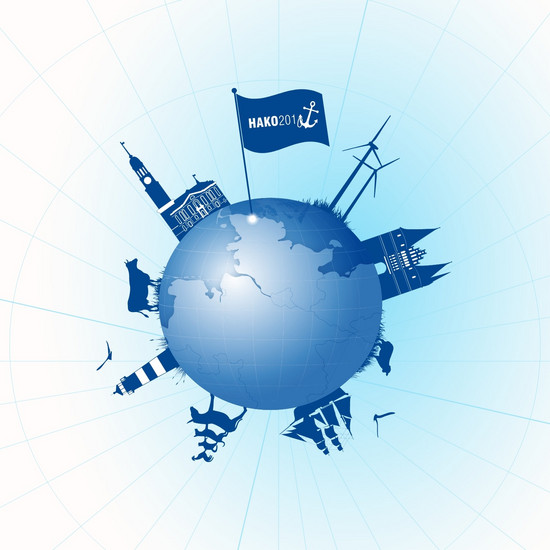Illustration einer blauen Weltkugel mit Gebäuden und Fähnchen
