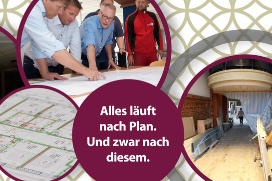 Collage mit Fotos von der Baustelle in Kreisen und Text "Alles läuft nach Plan"