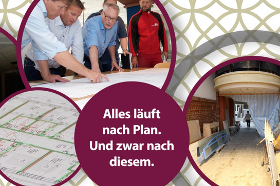 bb_baubegleitung_teaser_03.jpg Collage mit Fotos von der Baustelle in Kreisen und Text "Alles läuft nach Plan"