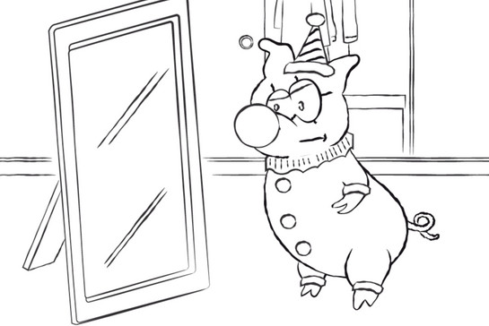 Eine Karikatur eines Schweines das sich vor einem Spiegel begutachtet