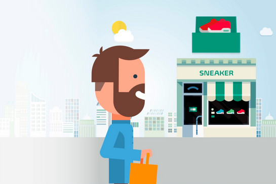 Animation eines einkaufenden Mannes vorm Sneaker-Geschäft