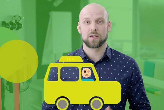Ein Standbild eines Mannes mit einem gelben Comic Auto als overlay