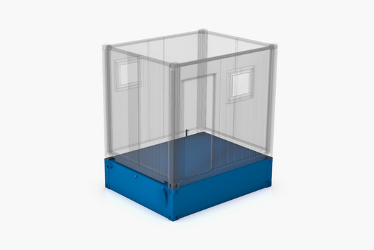 3D-Modell von quadratischem Container auf blauer Plattform