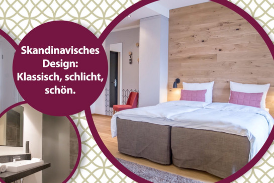 Hotelzimmer in Kreisen und Text "Skandinavisches Design"
