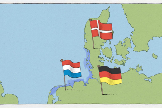 Ausschnitt einer Landkarte mit drei Flaggen drauf