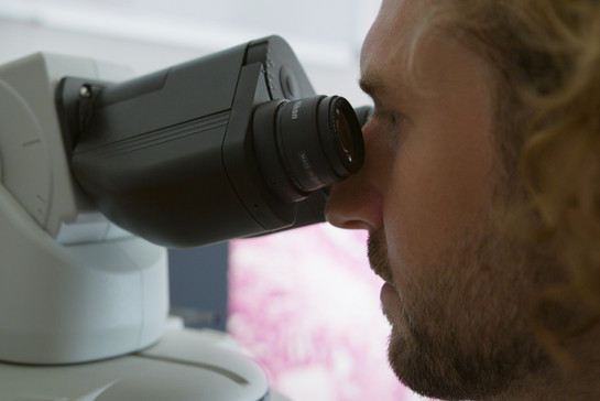 Ein Arzt schaut durch ein Mikroskop