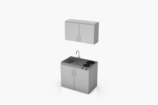 3D-Modell von kleiner Küche mit Oberschränken