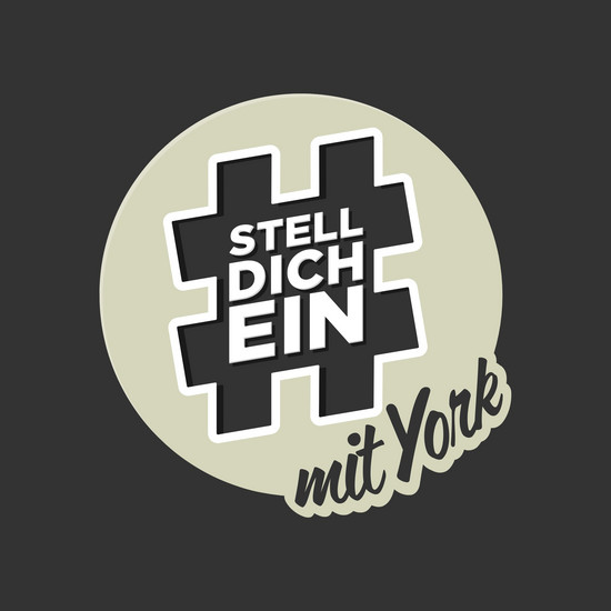 Rundes Logo "Stelldichein mit York" mit grauem Hashtag vor grauem Hintergrund