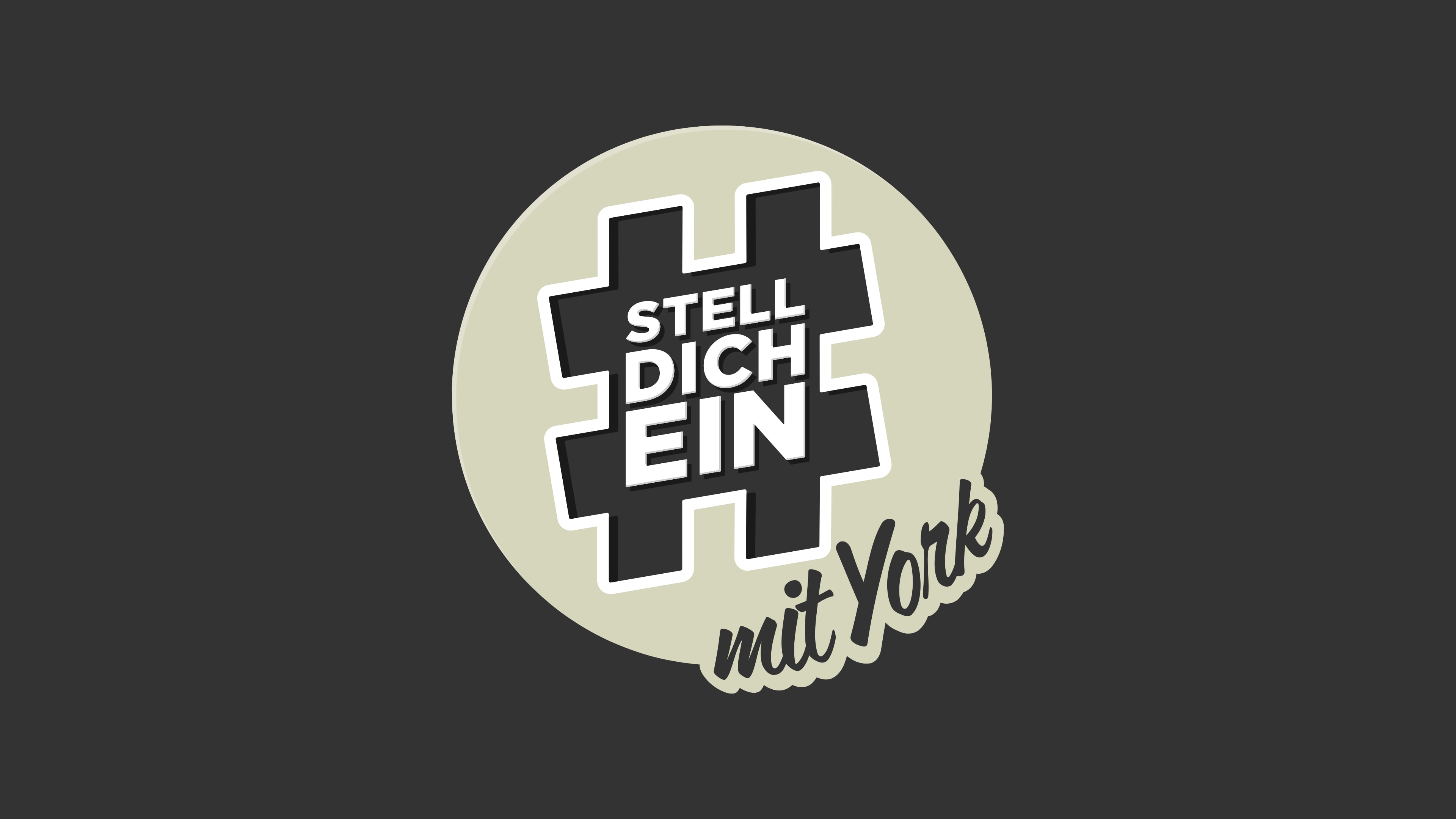 Rundes Logo "Stelldichein mit York" mit grauem Hashtag vor grauem Hintergrund