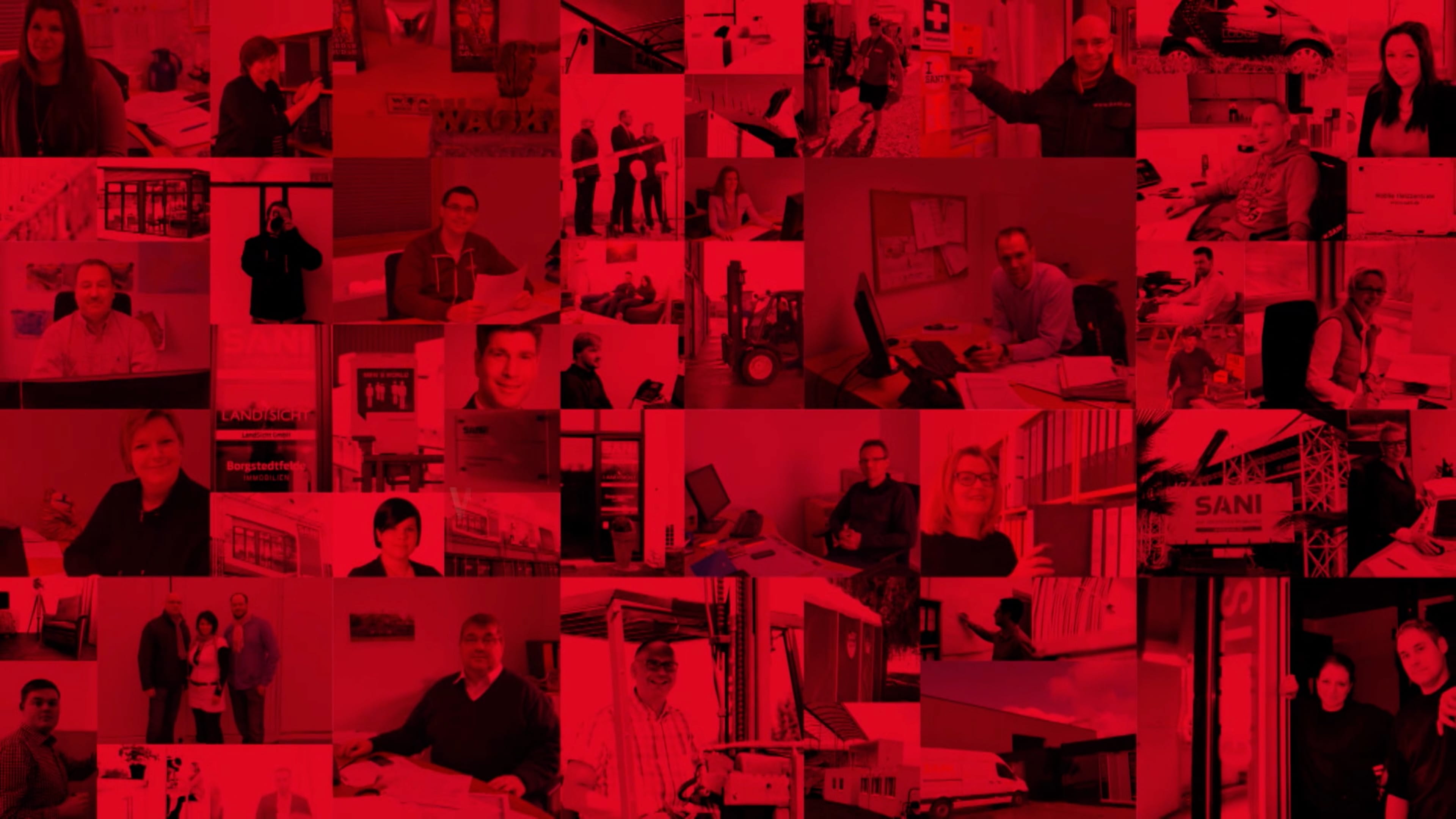 Collage sehr vieler Personen mit rotem Overlay