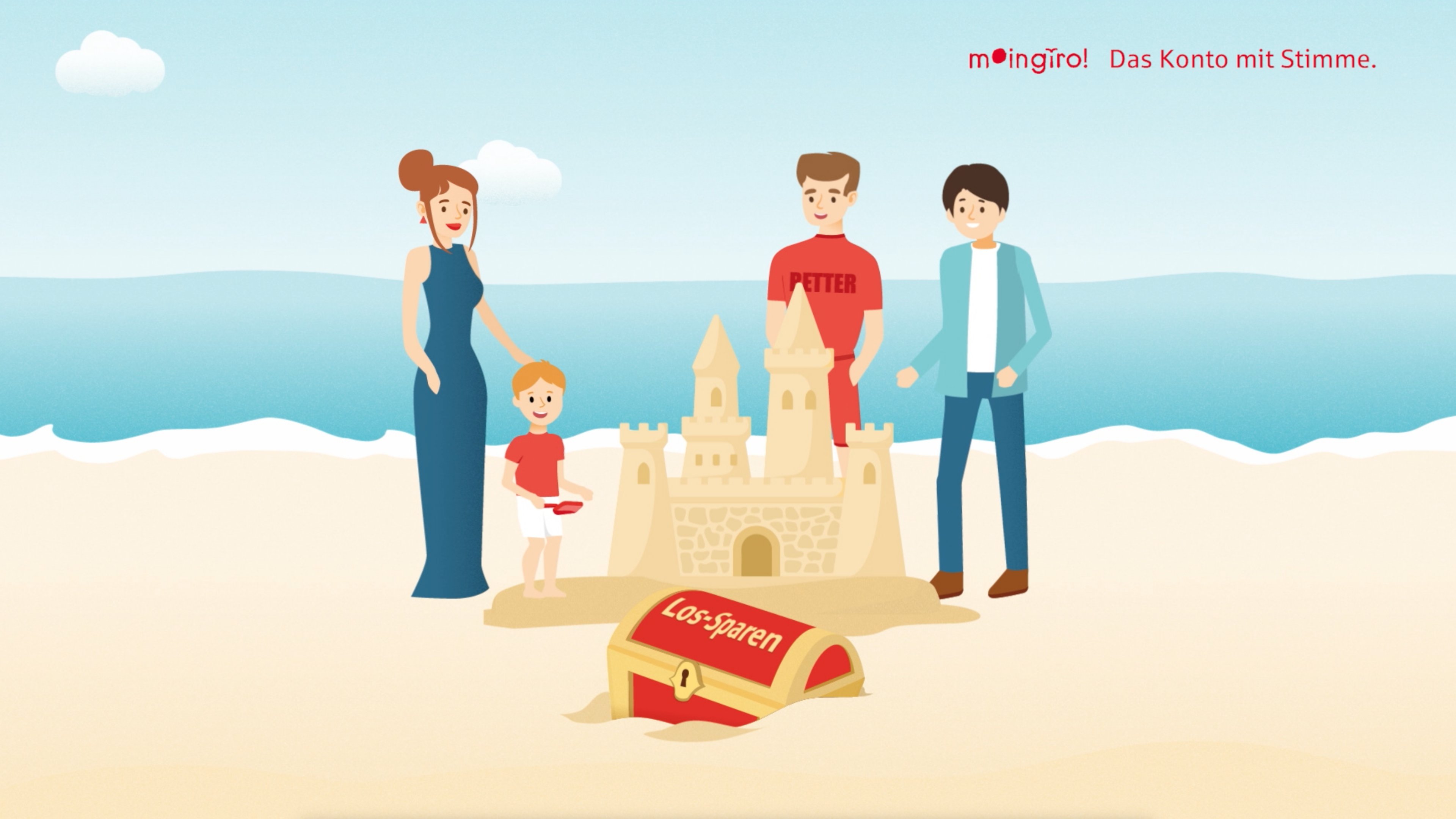 Vier animierte Personen bauen ein Schloss aus Sand