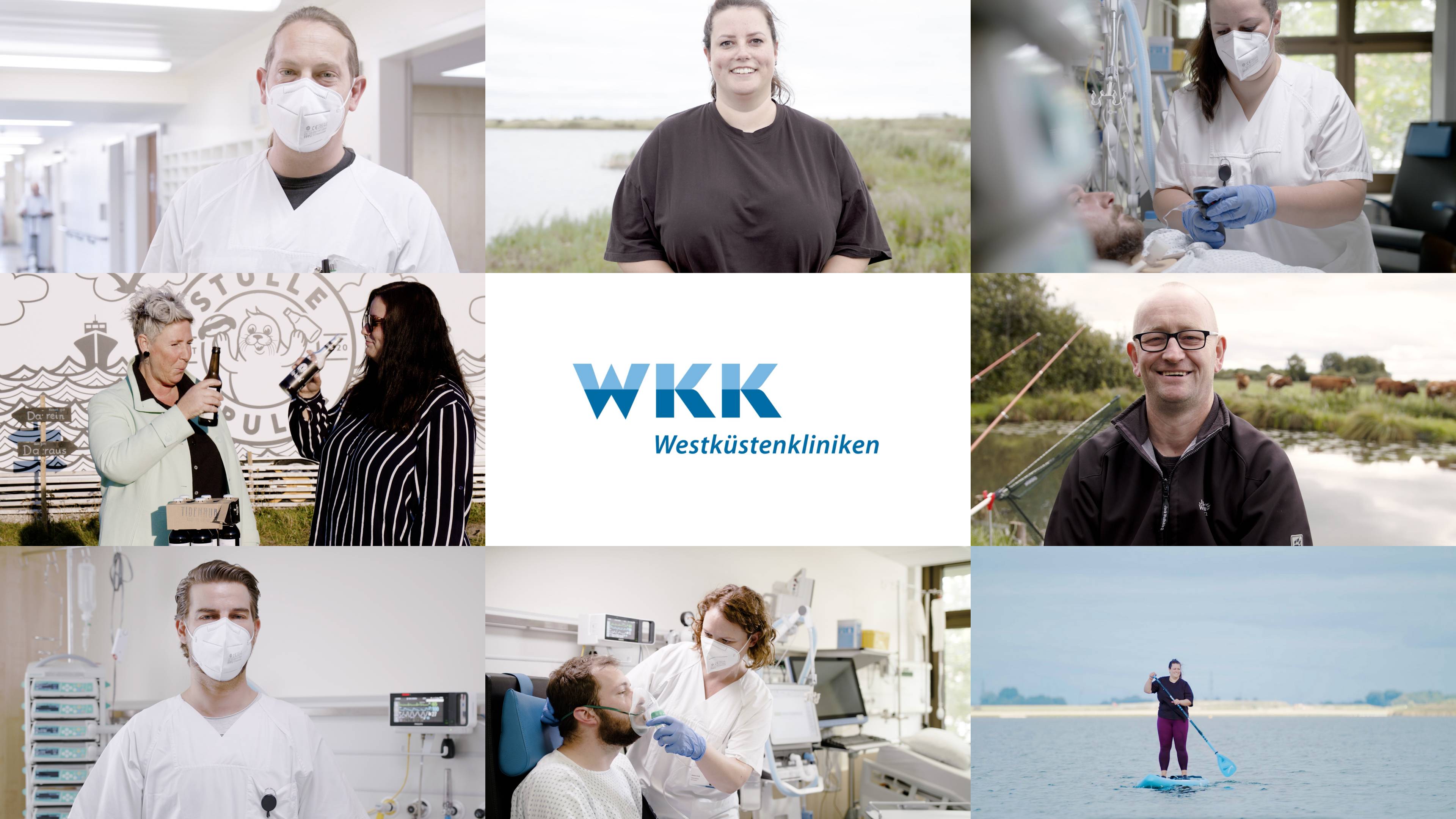 Collage der Pflegefachkräfte bei der Arbeit und privat mit WKK-Logo